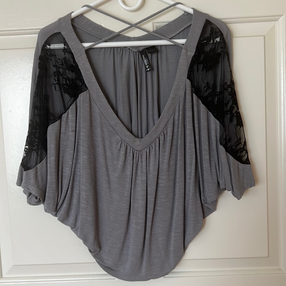 Grey shirt with black lace detail